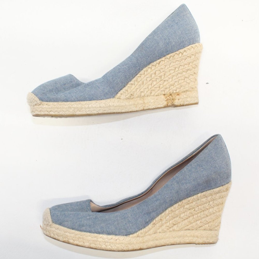 J Crew Factory Blue Canvas Slip On Espadrille High Heel Wedges Shoes #127 - Picture 5 of 10